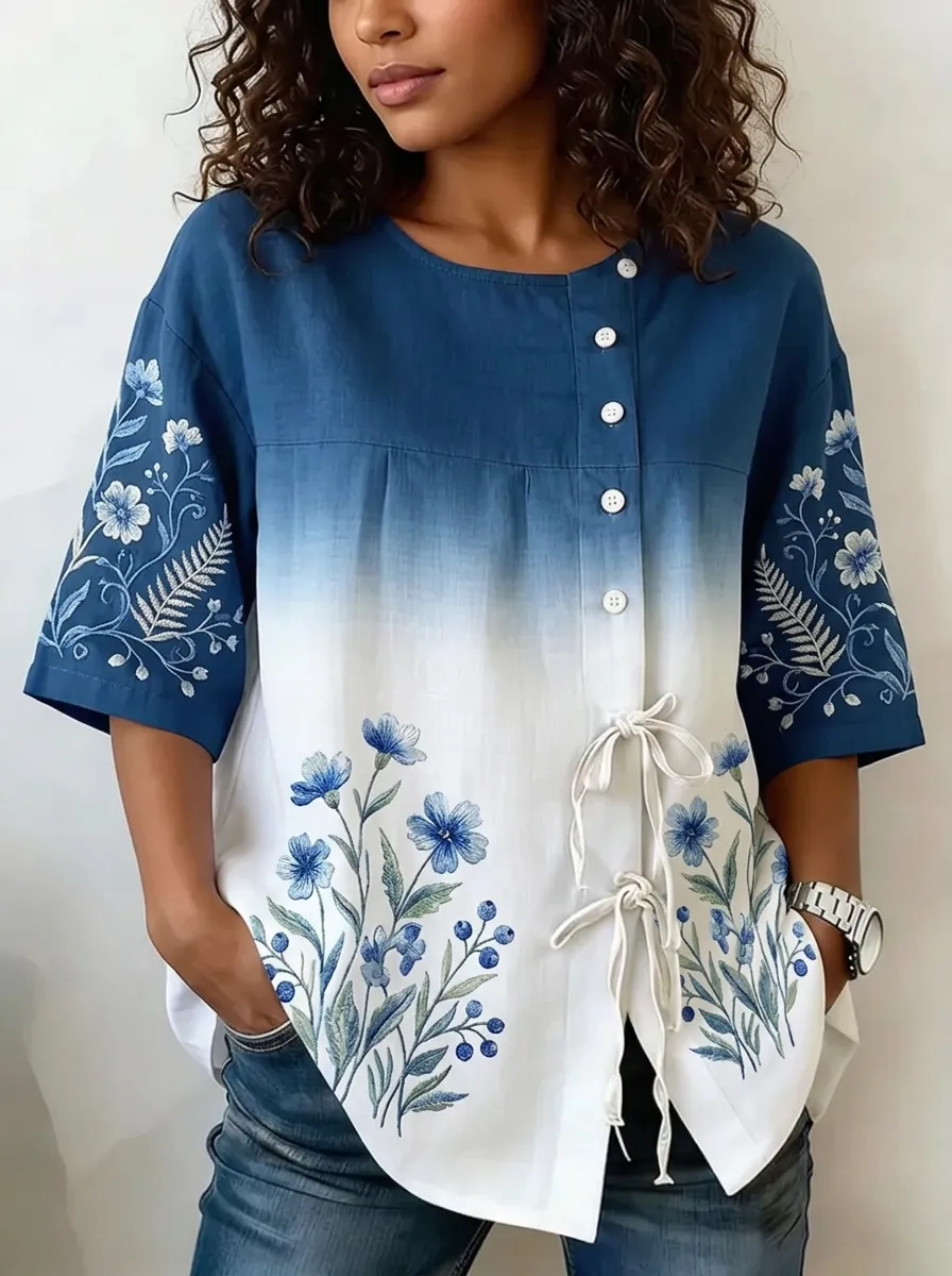 Women's Nashville Floral Ombre Embroidered Printed Top
