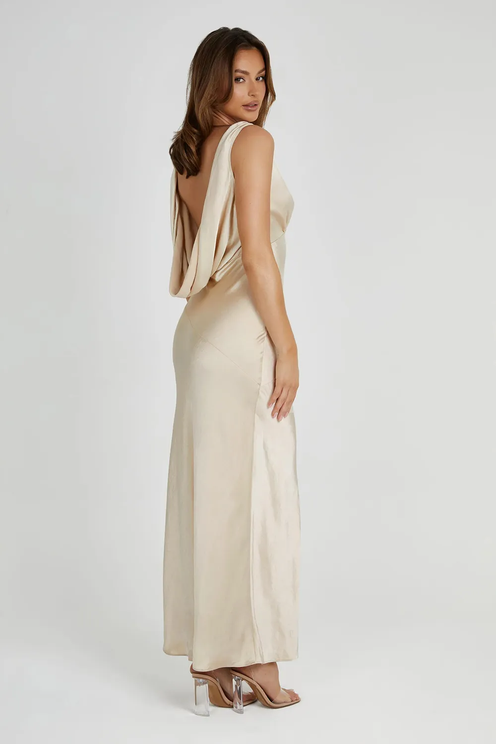 Maxi Satin Dress With Back Cowl - Emerald