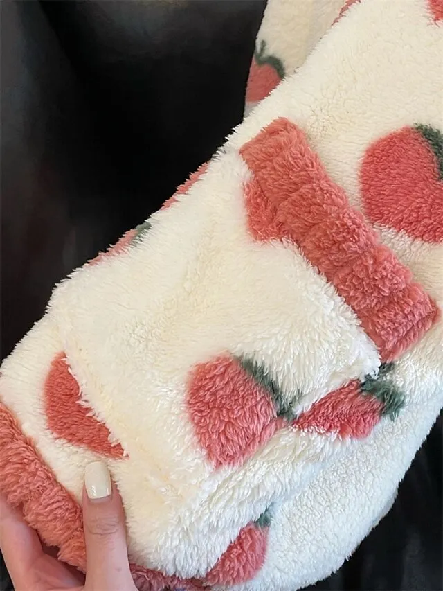 Women's Fleece Fluffy Fuzzy Warm Pajamas Sets Fruit Fashion Casual Comfort Home Daily Bed Flannel Warm V Wire Long Sleeve Cardigan Pant Button Pocket Fall Winter Pink Red