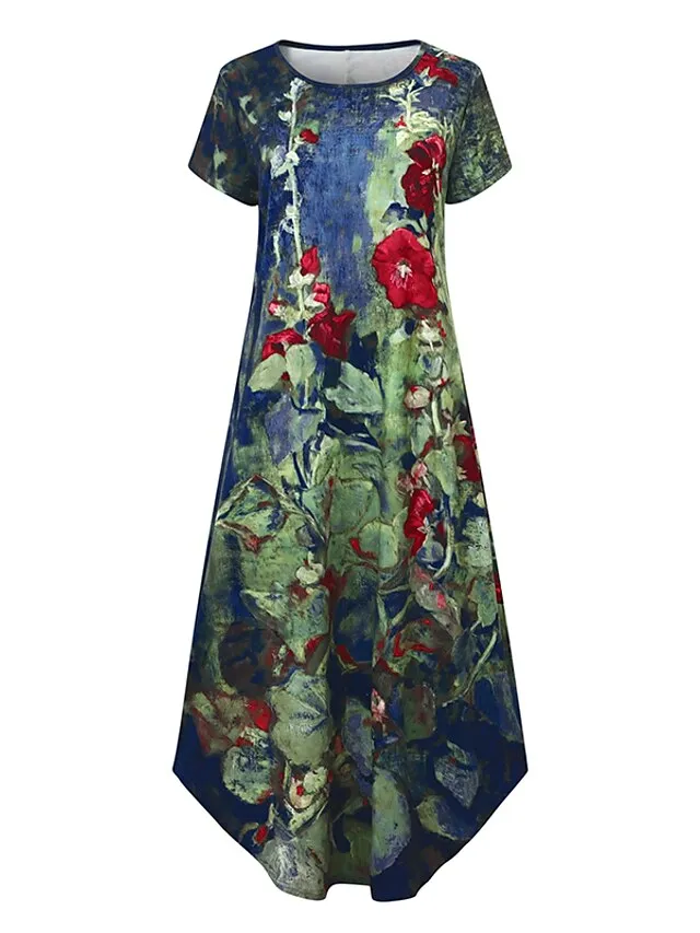 Women‘s Shift Dress Maxi long Dress Green Blue Gray Dark Blue Short Sleeve Floral Pocket Print Spring Summer Crew Neck Casual 2023 S M L XL XXL XXXL