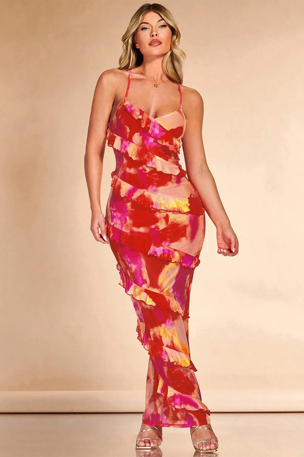 BAE Tie Dye Ruffle Trim Crisscross Backless Ruche