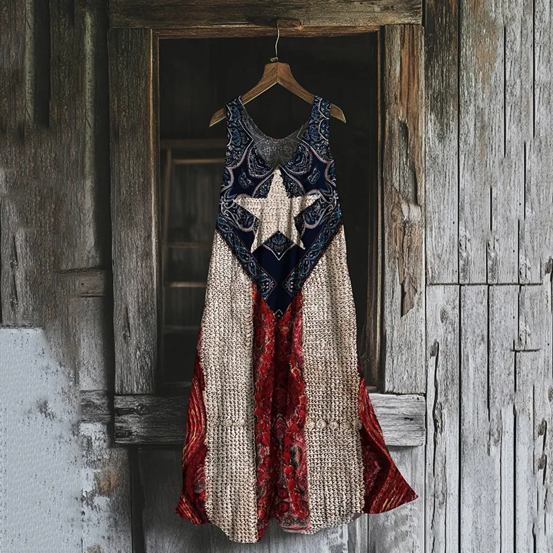 Women's Independence Day Flag Print Cotton And Linen Dress