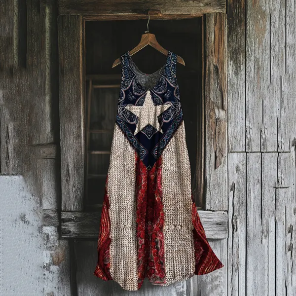 Women's Independence Day Flag Print Cotton And Linen Dress