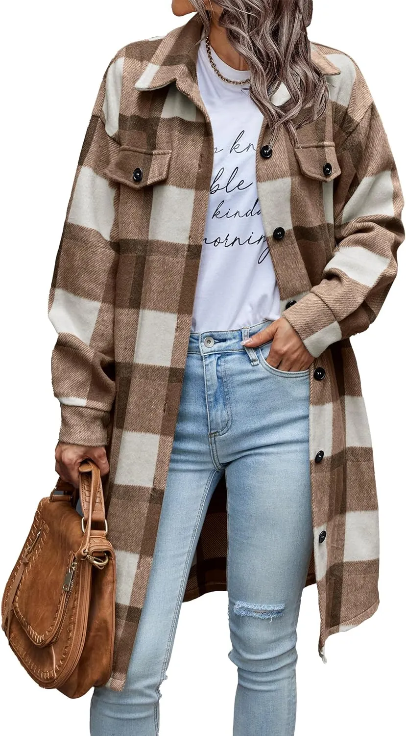 Women's Plaid Shacket 2023 Long Sleeve Button Up Flannel Shirt Winter Tartan Jacket Woolen Coats