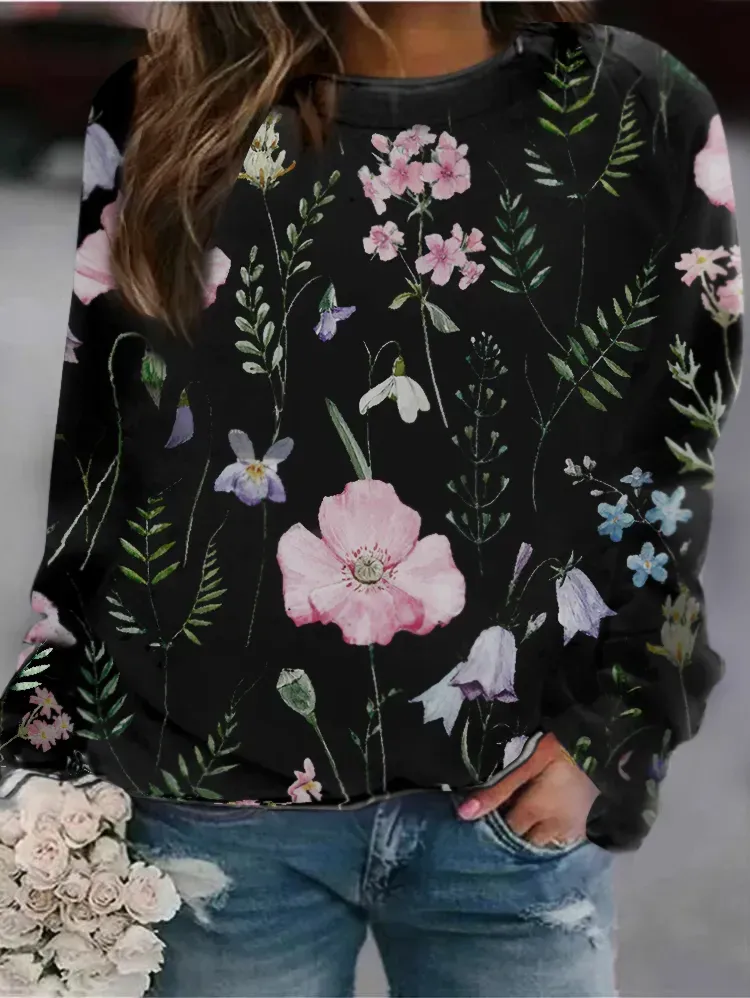 Floral Crew Neck Long Sleeves Sweatshirts
