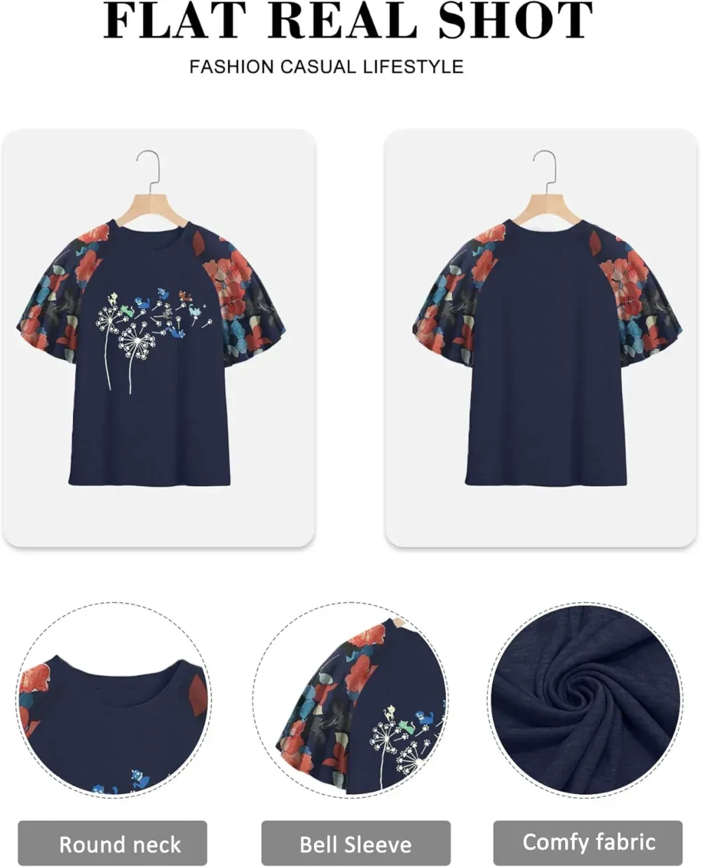 HDLTE Womens Plus Size Tops Floral Bell Sleeves Blouses Summer Crewneck Tunic Loose Casual T Shirts