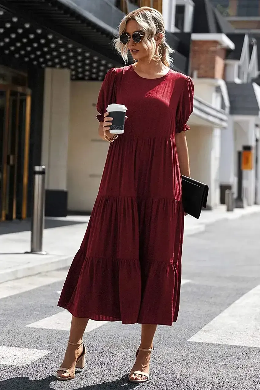 Floral Print Ruffle Puff Sleeve High Waist Midi Dresses