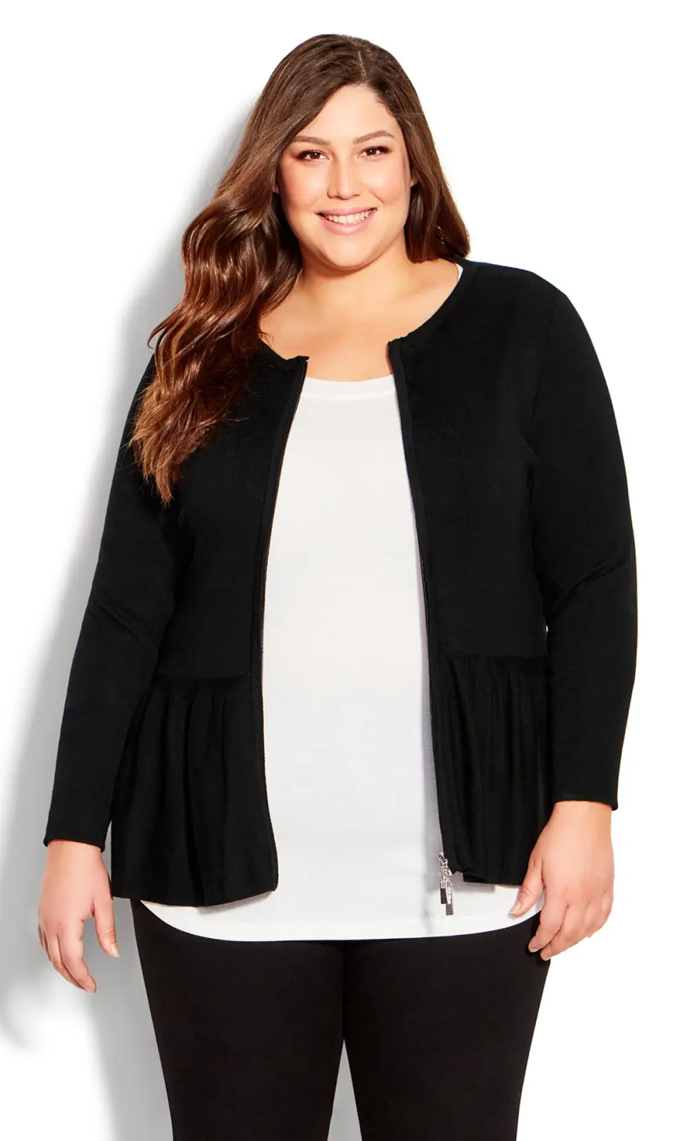 Evans Black Zip Front Frill Cardigan