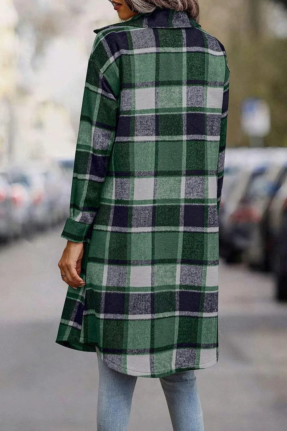 Women's Plaid Shacket 2023 Long Sleeve Button Up Flannel Shirt Winter Tartan Jacket Woolen Coats