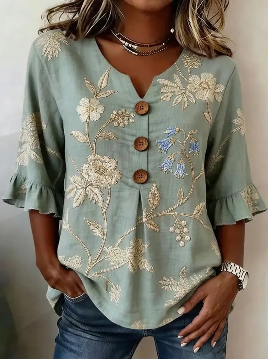 Women's Nashville Floral Embroidered Buttoned Ruffle Sleeve Top