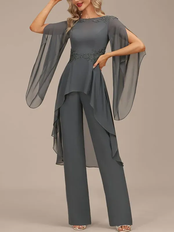 Jumpsuit/Pantsuit Separates Boat Neck Floor-Length Chiffon Evening Dress With Appliques Lace
