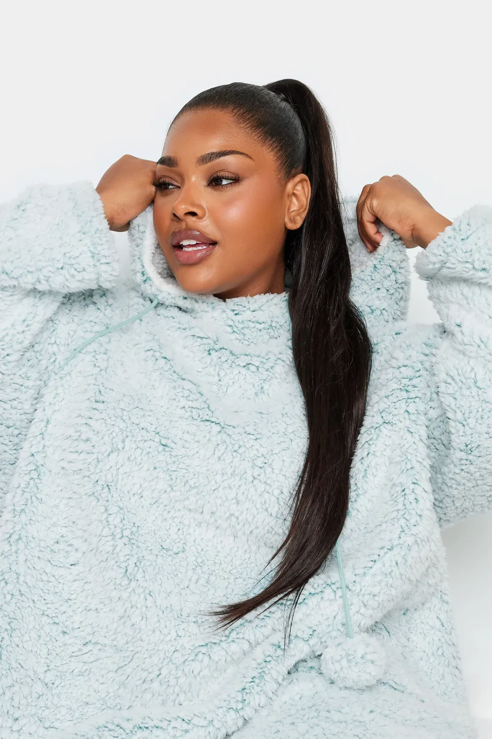 YOURS Curve Light Blue Teddy Drawstring Snuggle Hoodie