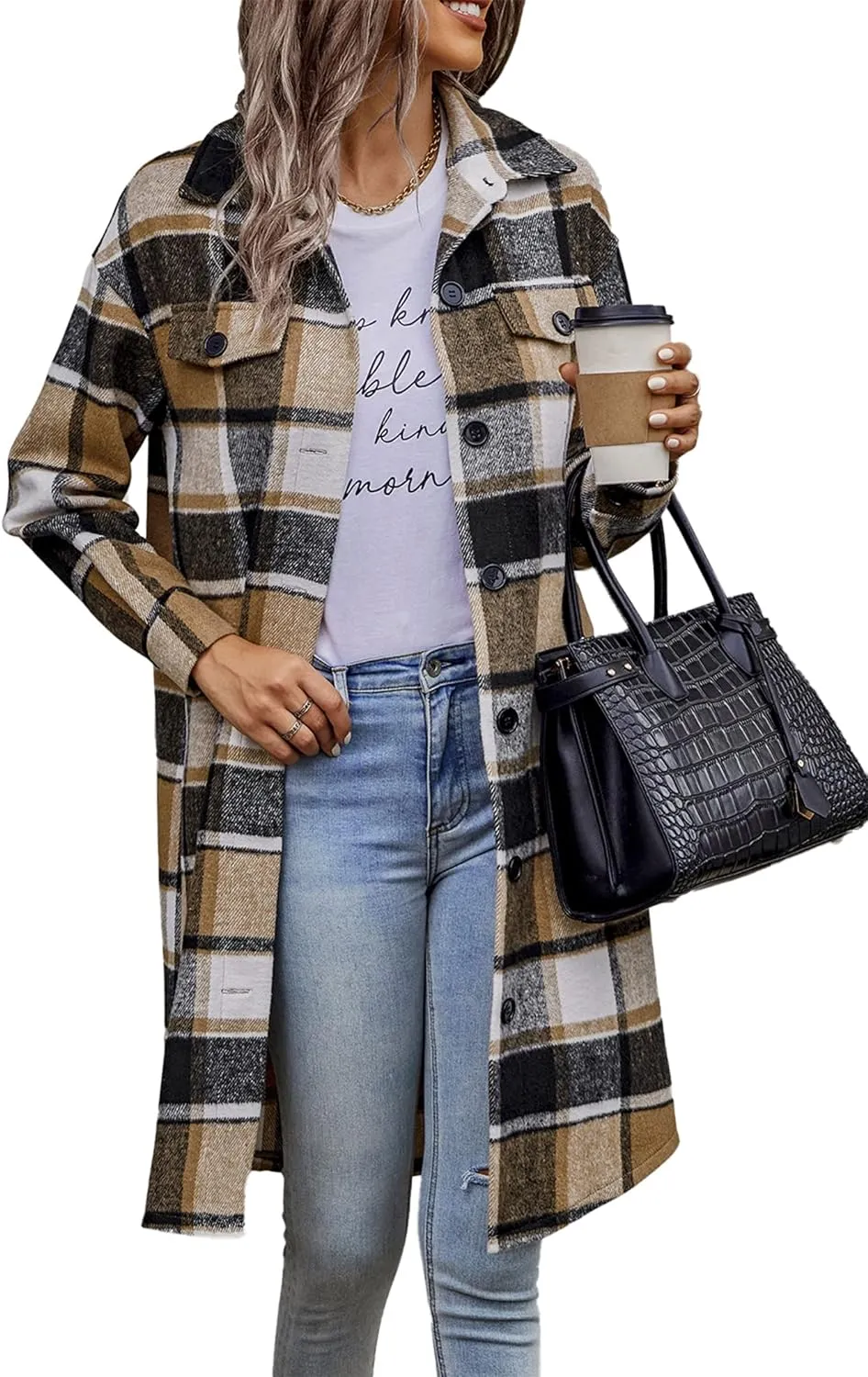 Women's Plaid Shacket 2023 Long Sleeve Button Up Flannel Shirt Winter Tartan Jacket Woolen Coats
