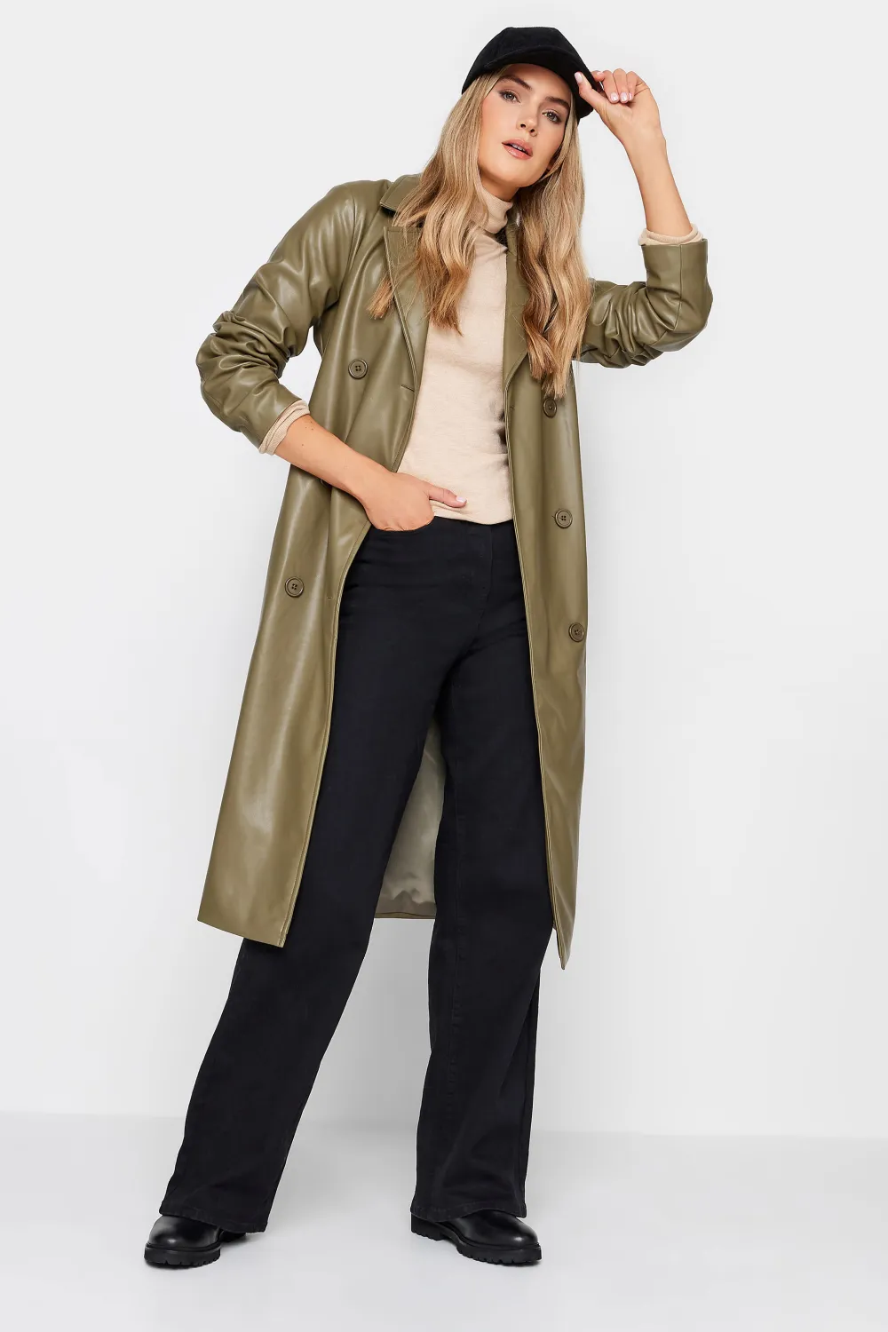 LTS Tall Olive Green Faux Leather Trench Coat