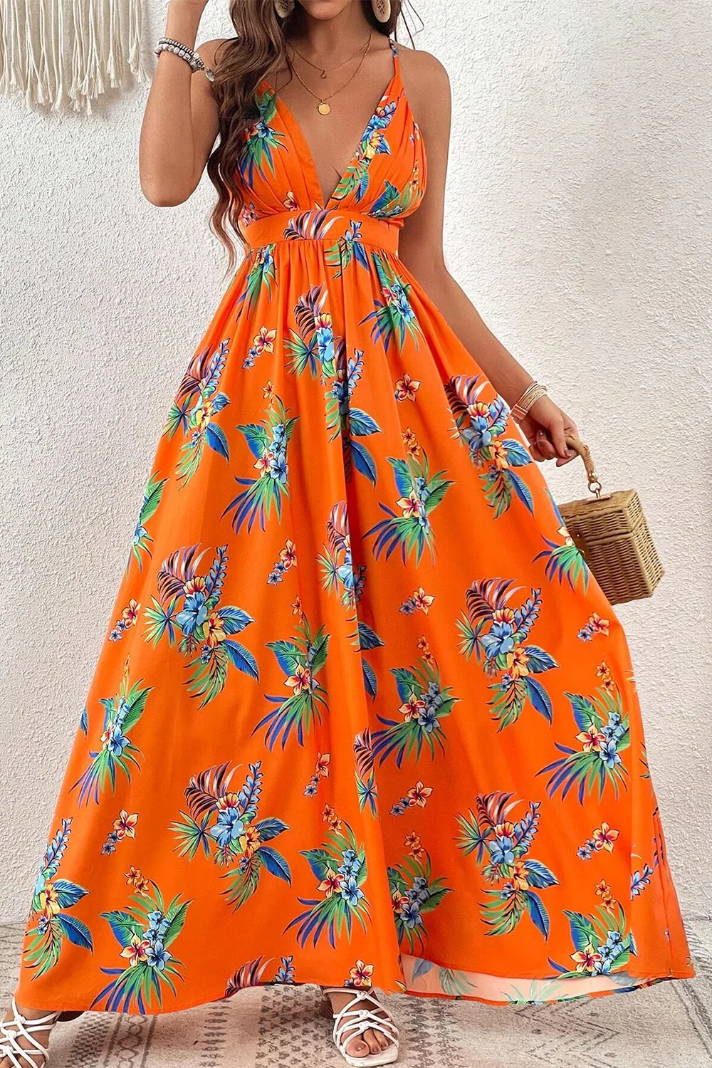 Women's Plant Printed Spaghetti Strap Dress