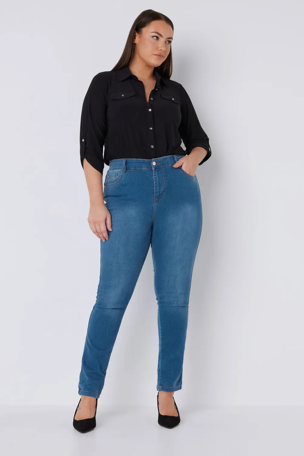 EVANS Curve Blue Midwash High Waisted Skinny Jeans