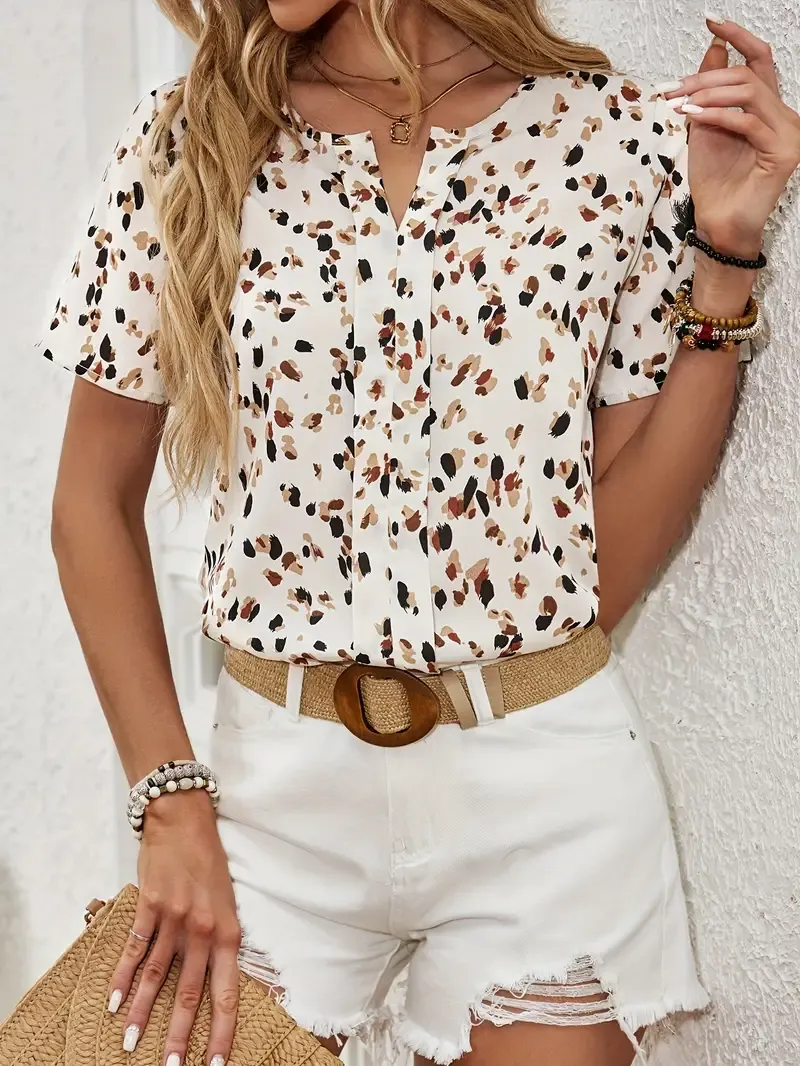 Allover Print Notched Neck Blouse, Elegant Short Sleeve Top For Spring & Summer, Women's Clothing