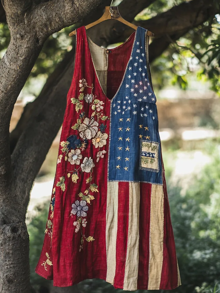 Women's Independence Day Floral Embroidered Patchwork Art V-neck Tank Midi Dress