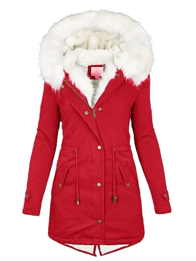 Women's Winter Coat Fleece Lined Parka Hoodie Jacket Windproof Warm Puffer Jacket Streetwear Casual Heated Coat with Fur Collar Jacket Long Sleeve Color Block Pocket Pink Army Green Khaki