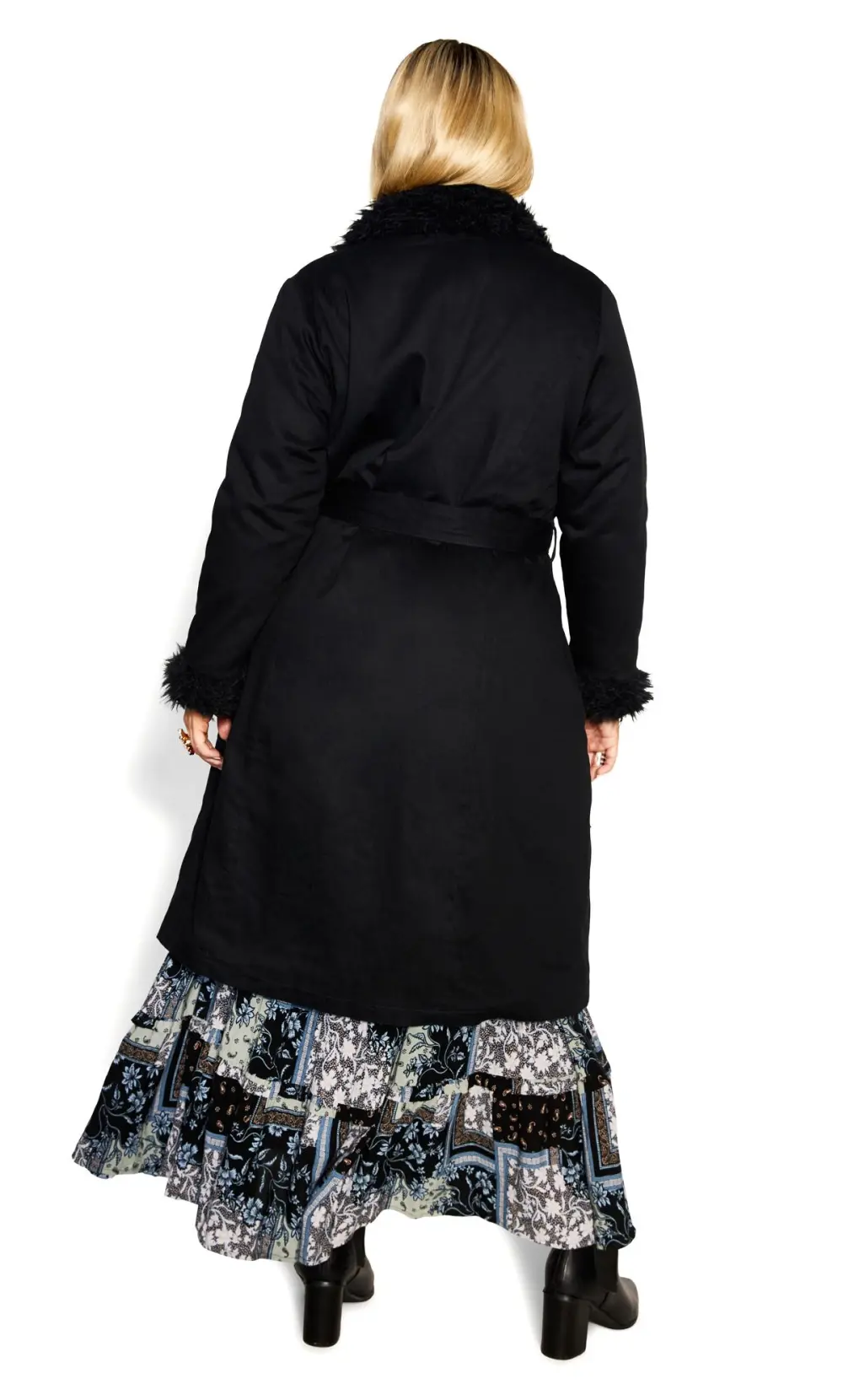 Evans Black Faux Fur Trim Tie Waist Coat