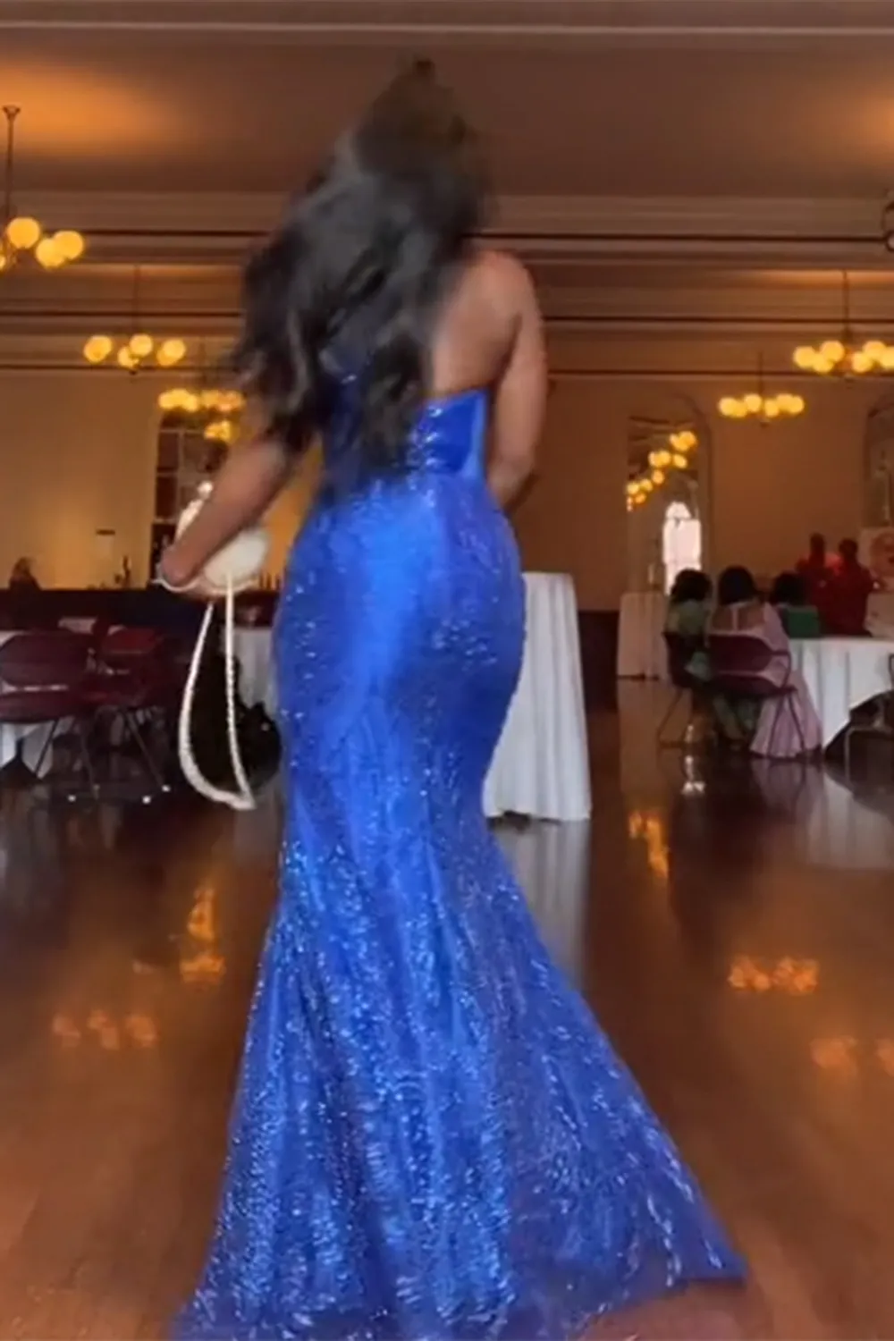 Custom sequined one-shoulder gown