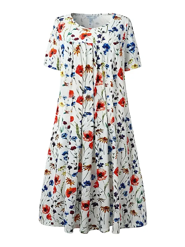 Women's Casual Dress Floral Dress Midi Dress White Short Sleeve Floral Ruched Spring Summer Crew Neck Basic Daily Vacation Weekend 2023 S M L XL XXL 3XL