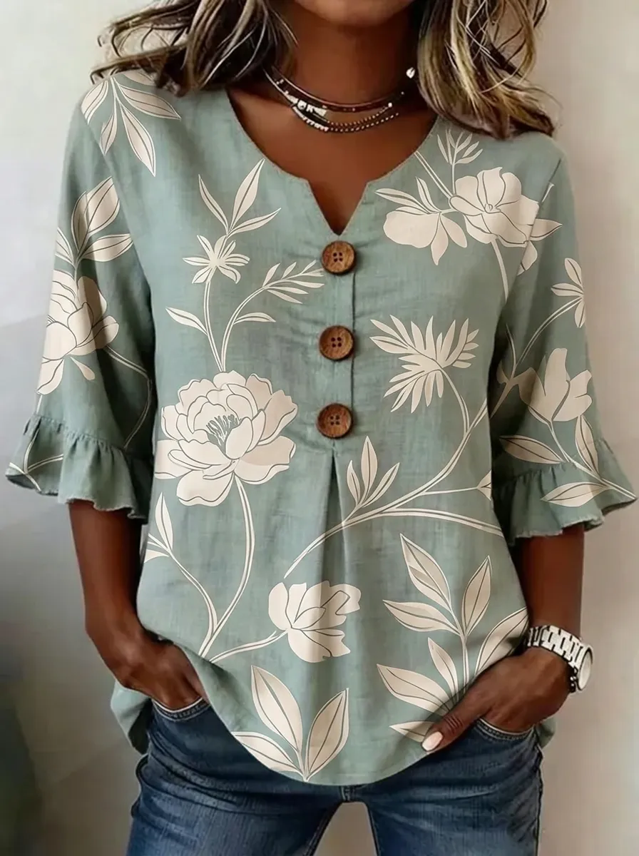 Women's Nashville Floral Botanical Printed Button V-Neck Top