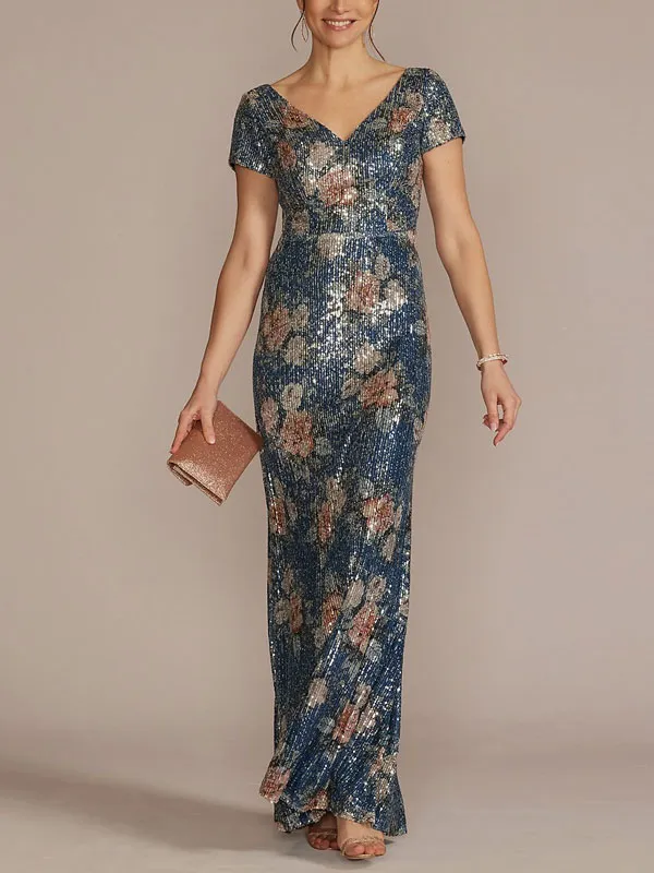 short sleeve allover sequin floral a-line