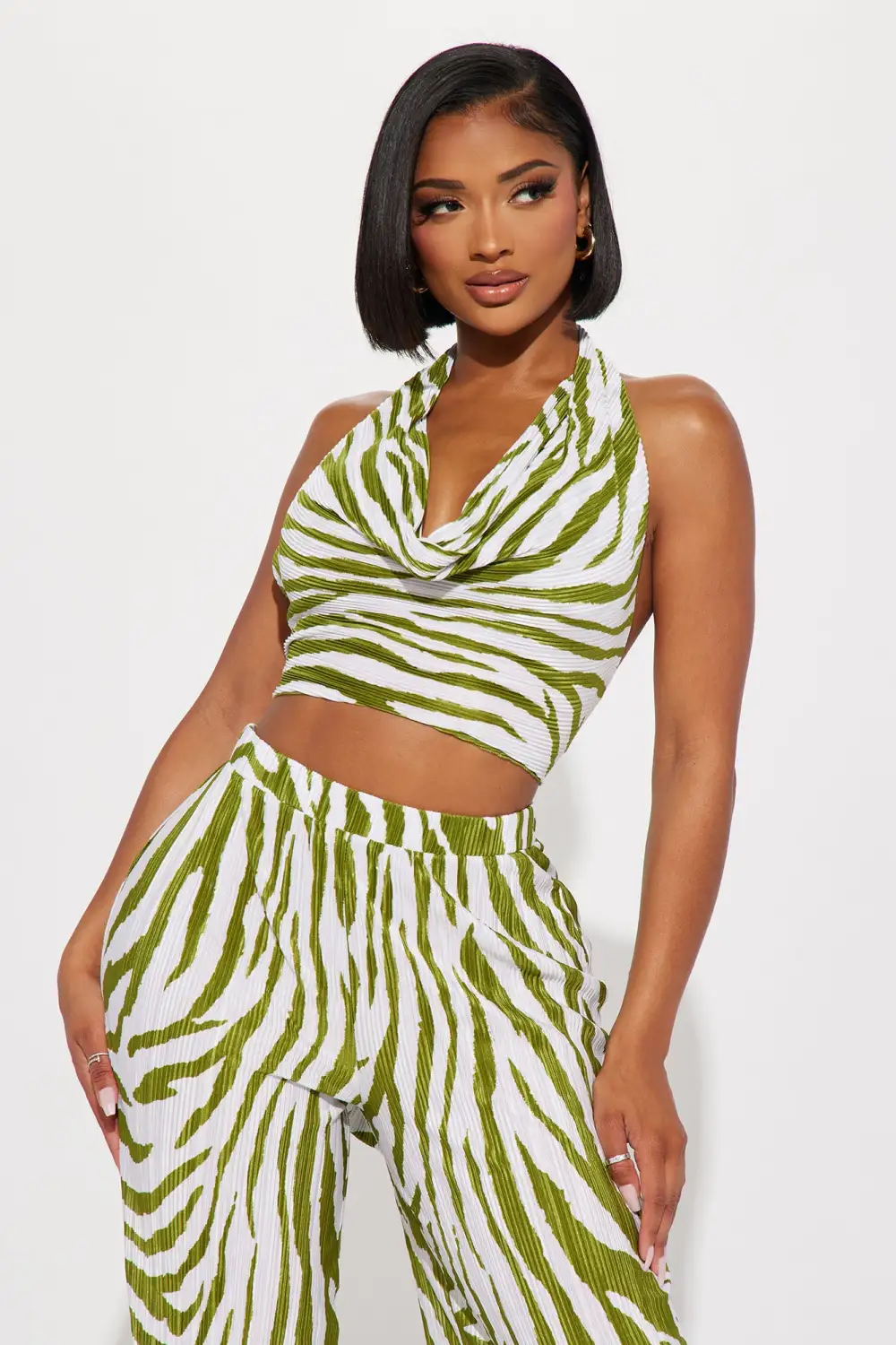 Always Around Plisse Pant Set - Olive