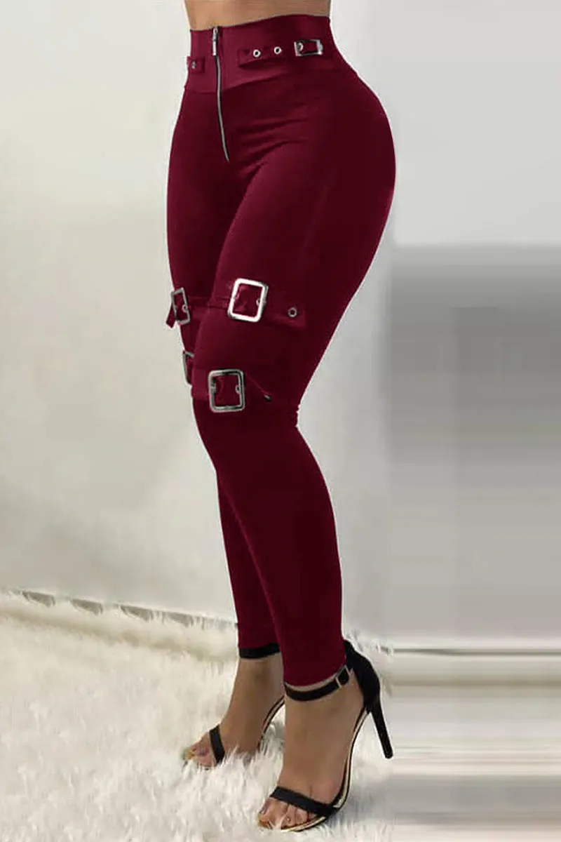 Zip Front Buckle Belted Skinny Pants