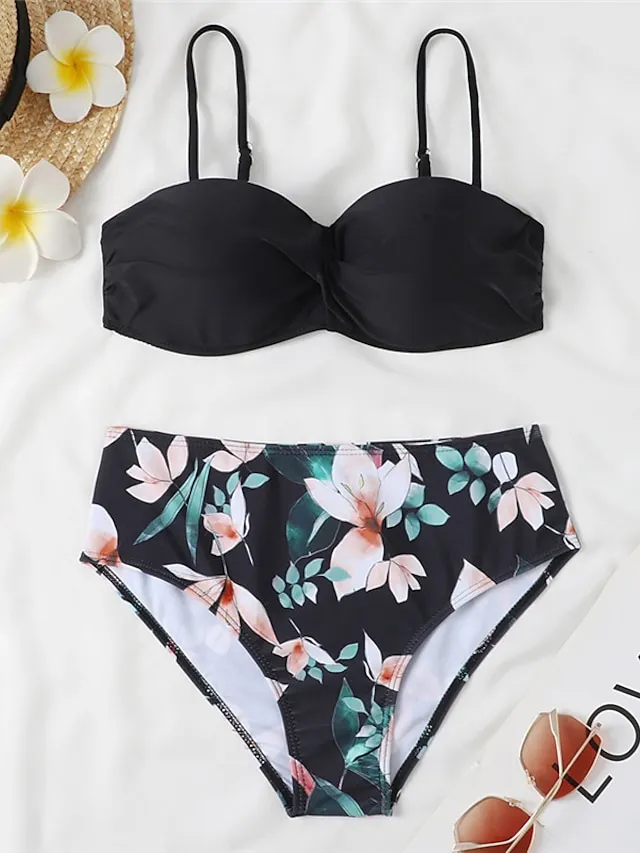 Women's Swimwear Bikini 2 Piece Normal Swimsuit 2 Piece Open Back Sexy Printing High Waisted Floral Leaves Black Yellow Navy Blue Royal Blue Blue Strap Bathing Suits Sexy Vacation Fashion