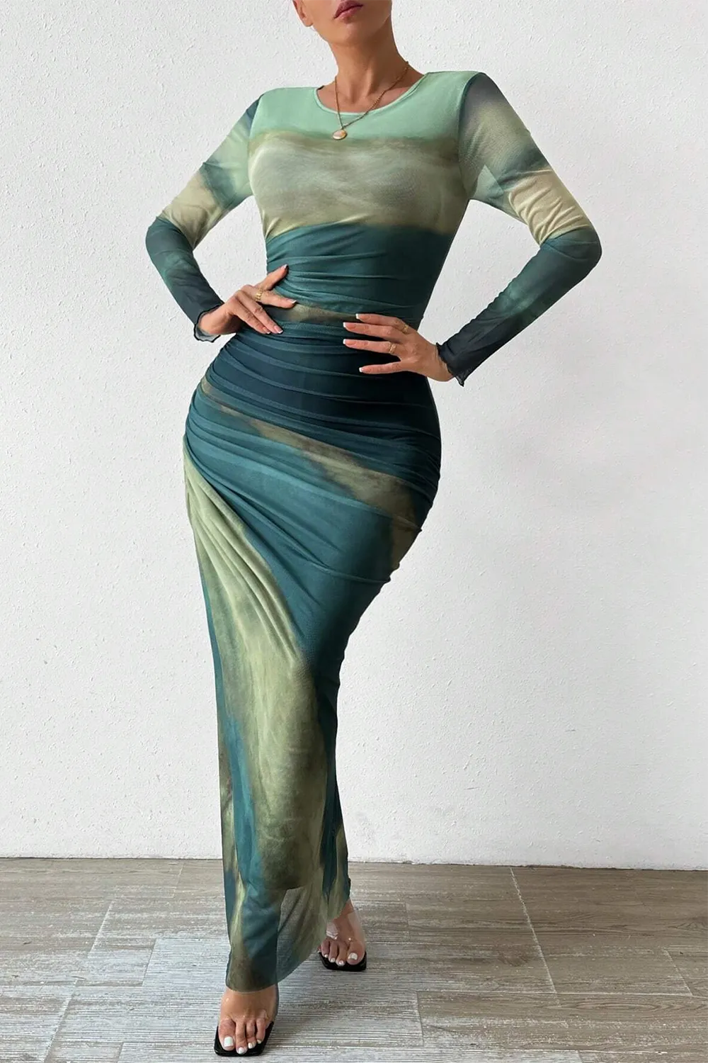 Women's Tie Dye Long Sleeve Pleated Dress Multicolor