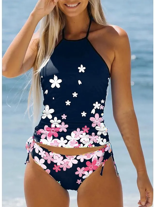 Women's Swimwear Tankini Bathing Suits 2 Piece Normal Swimsuit Halter 2 Piece Modest Swimwear Floral Floral Print Navy Blue Padded Bathing Suits Sports Vacation Beach Wear