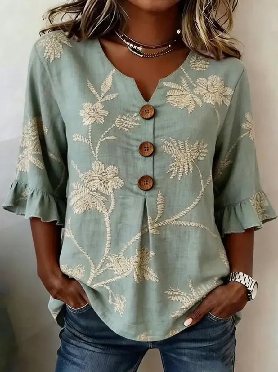 Women's Nashville Floral Embroidered Button V-Neck Ruffle Top