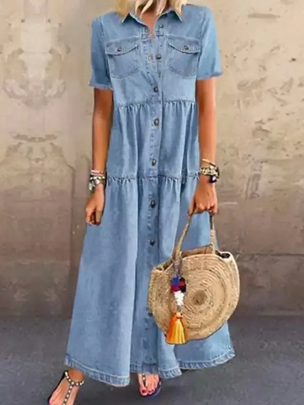 Light Double Pocket Button Front Maxi Dress