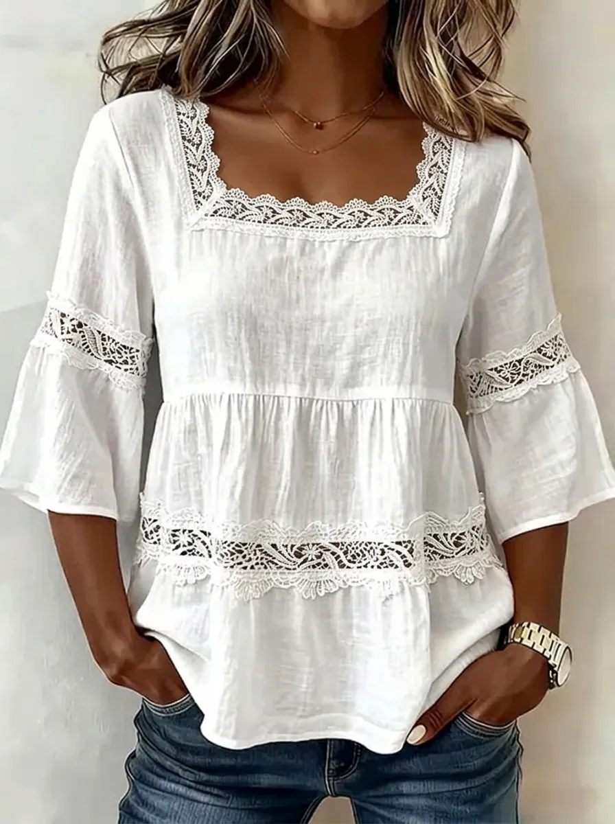 Women's Nashville Country Style Lace Trimmed Printed Top