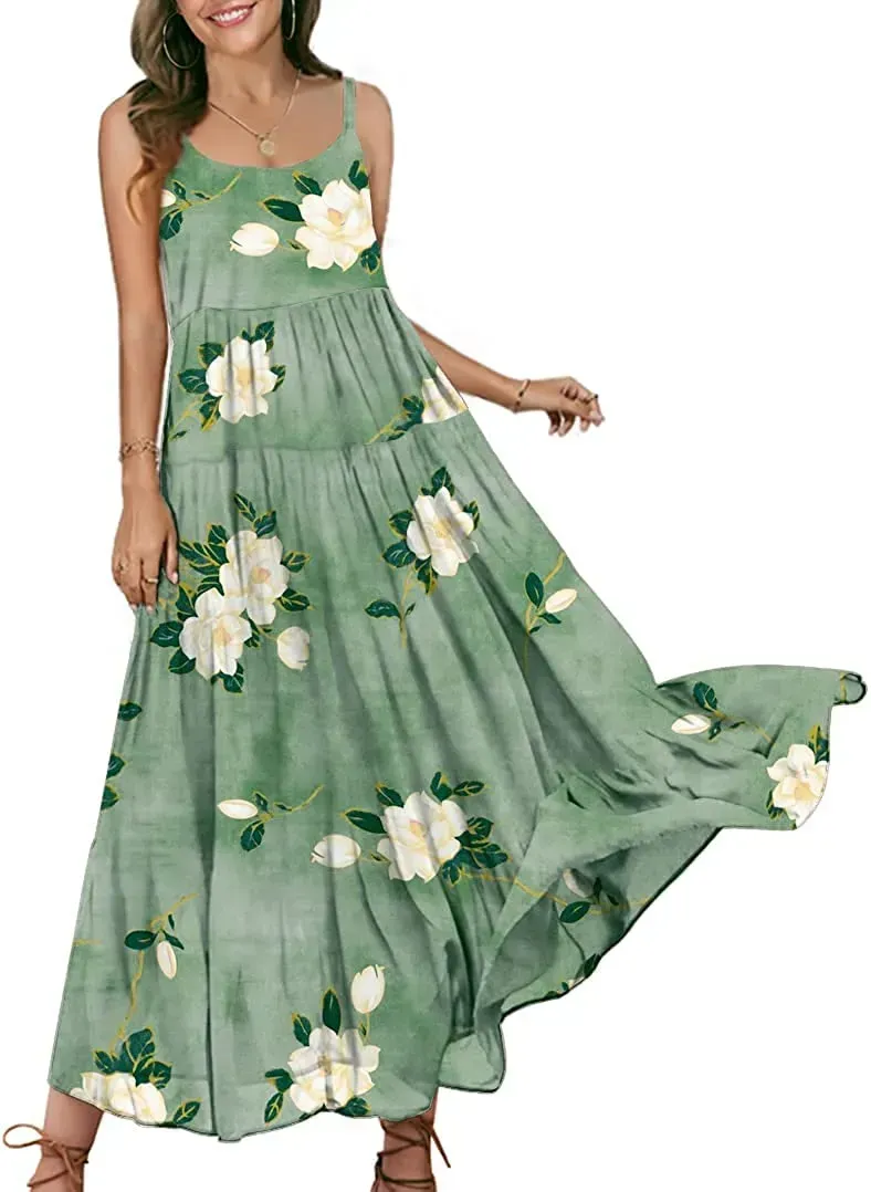 Summer Dresses for Women Casual Loose Bohemian Floral Dress with Pockets Spaghetti Strap Maxi Dress E75