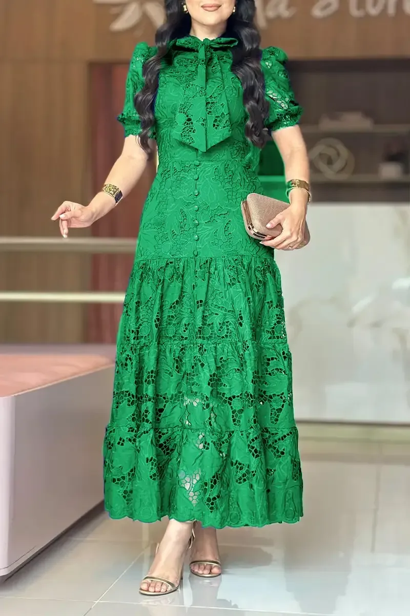 Women's Round Neck Printed Hollow Lace Temperament Dress