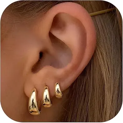 3Pairs Gold Hoop Earrings Set for Women Chunky Gold Silver Hoop Earrings 14K Gold Filled Hypoallergenic Small Huggie Hoop Earrings Tiny Gold Trendy Thick Hoop Earrings Stacks for Multiple Piercing