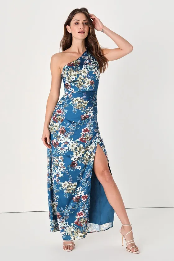 High Slit Floral Maxi Dress - Blue