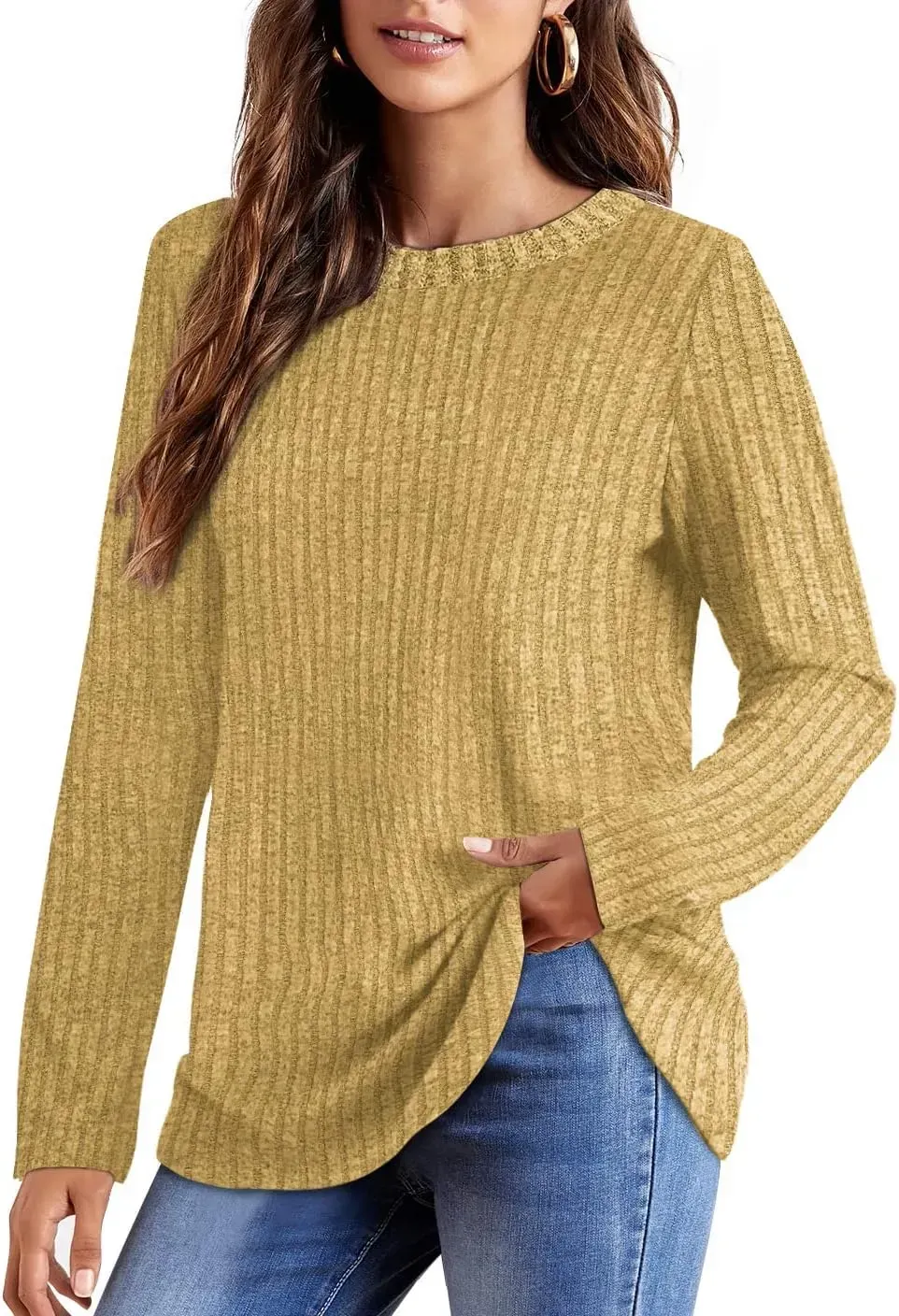 OFEEFAN Long Sleeve Shirts for Women Lightweight Crew Neck Casual Tunic Tops