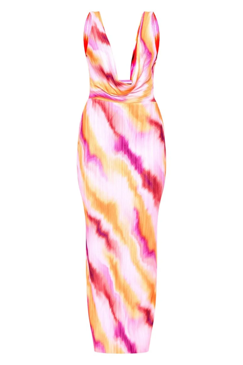 Orange Abstract Print Plisse Cowl Plunge Maxi Dress