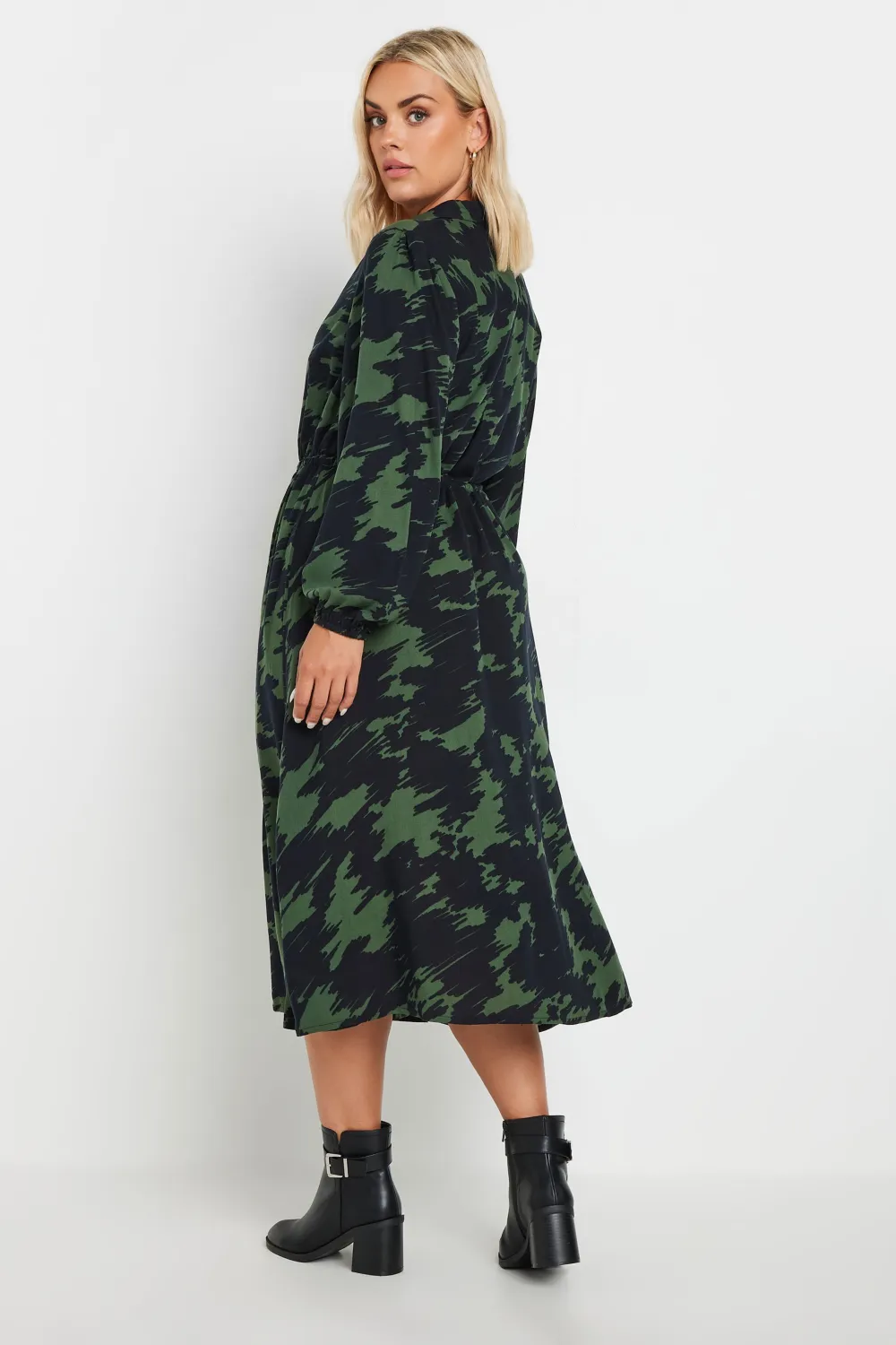 YOURS Curve Black & Green Abstract Print Shirt Dress