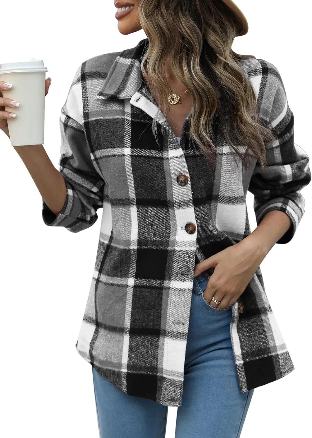 Women's Flannel Plaid Shacket Long Sleeve Button Down Chest Pocketed Shirts Jacket Coats