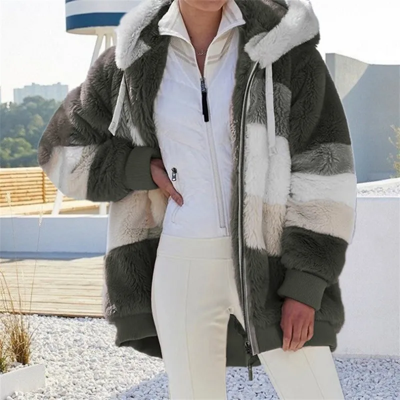 Contrast Plush Drawstring Hooded Jacket