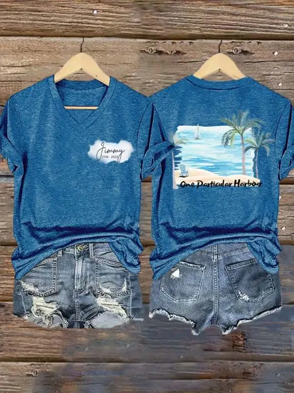 V Neck Retro Harbour Palm Trees Print T-Shirt