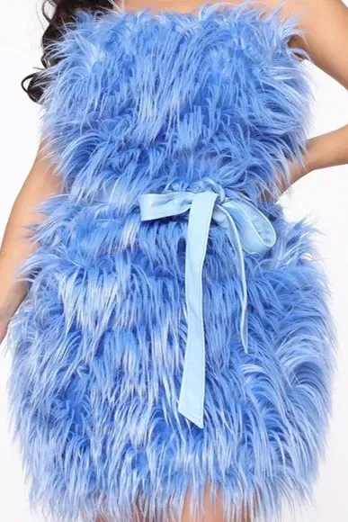 Faux Fur Mini Dress with Belt - Blue