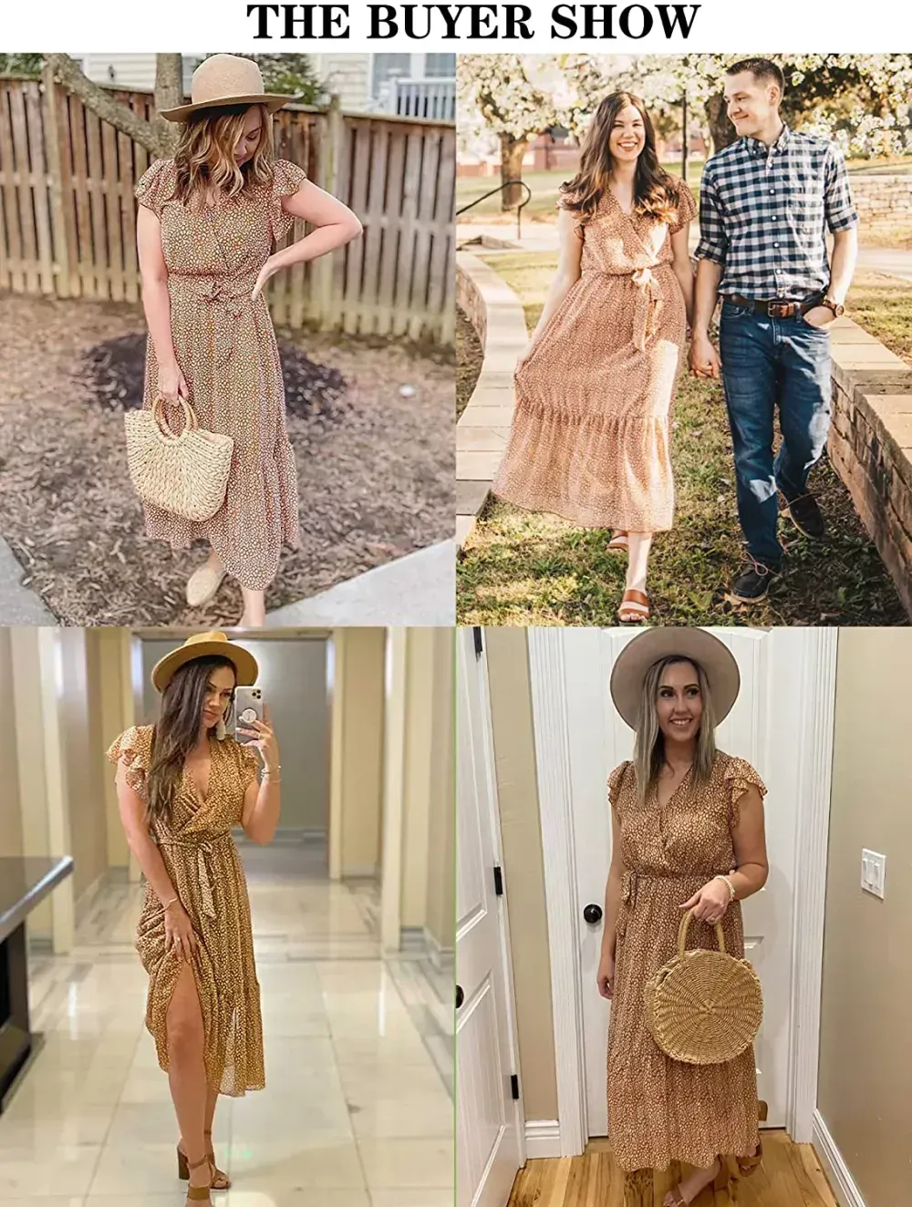 Women Summer Bohemian Floral Casual Wrap V Neck Ruffle Cap Sleeveless Belt A-Line Pleated Hem Swing Midi Sun Dress