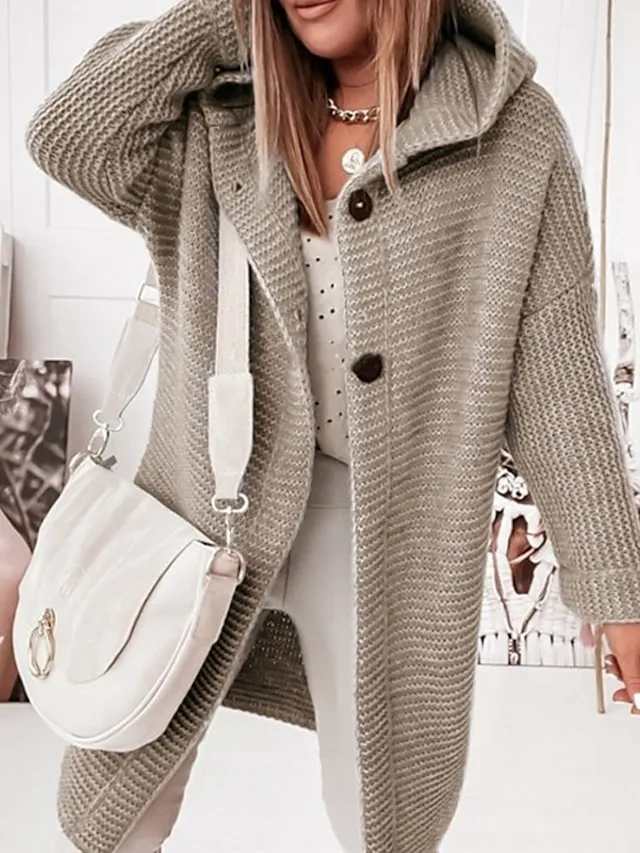 Women's Cardigan Sweater Jumper Knit Button Knitted Solid Color Hooded Stylish Casual Daily Weekend Winter Fall Green Pink S M L / Long Sleeve / Regular Fit