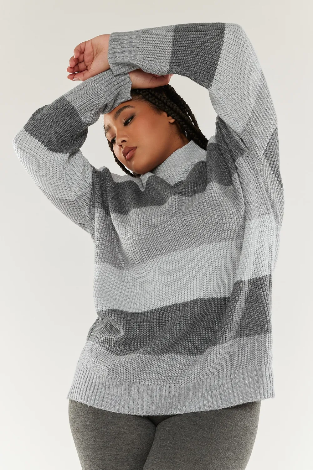 YOURS Curve Grey Stripe High Neck Knitted Jumper